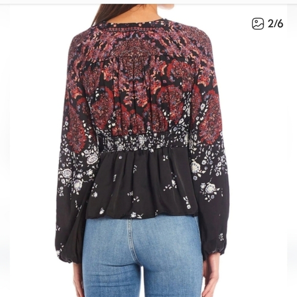 Free People Run Free Floral V-Neck Tie-Front Blouse - Black & Burgundy Size XS - Picture 3 of 7